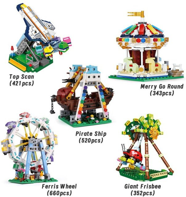 MEOA Piraten Mini Vergnügungspark Baustein Modell, Riesenrad Karussell, Piratenschiff - Bild 1