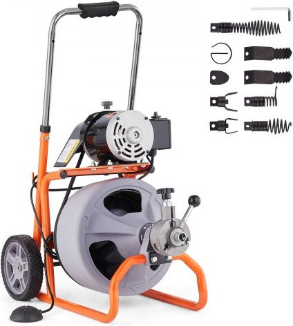 VEVOR Rohrreinigungsmaschine mit 22,8 m Spirale und 3/8 Zoll Durchmesser, Tragbare Abflussreinigung mit 8 Schneidköpfen und Fußschalter für Rohre von 5 cm bis 10 cm, Orange/Grau - Bild 1