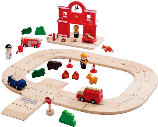 PlanToys Feuerwehr- & Rettungs-Straßenset, Holz, ab 3 Jahre - Bild 1