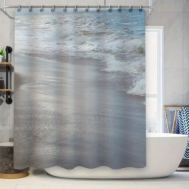 Dunika Chen Duschvorhang im Strand-Design mit 3D-Ozeanwellen, grau und blau, wasserdicht und schimmelresistent, B: 60 cm, H: 190 cm - Bild 1
