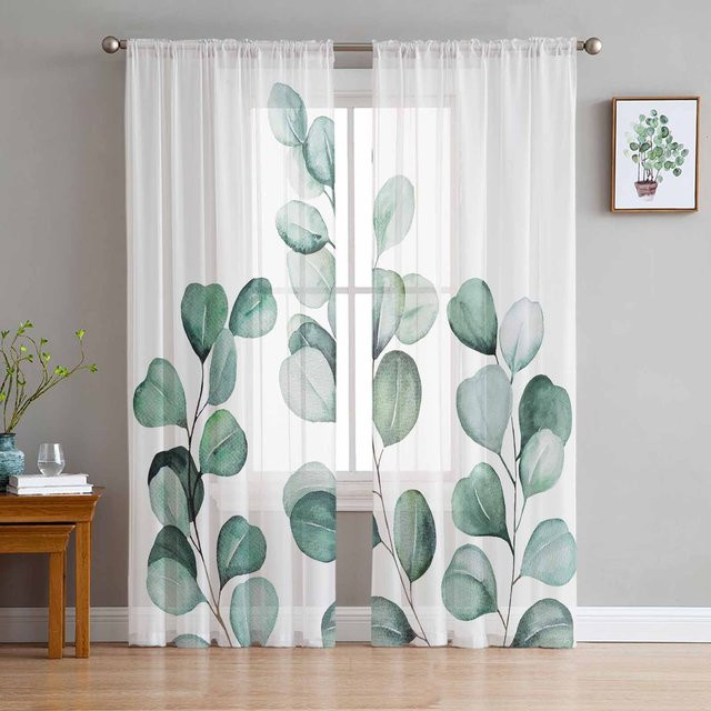 Super Six Chiffon-Fenstervorhang mit Eukalyptusblatt-Design, transparent, weiß, Breite: 135 cm, Höhe: 114 cm - Bild 1