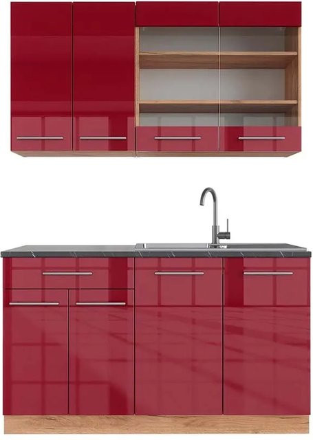 Vicco Fame-Line Singleküche Bordeaux Hochglanz und Goldkraft Eiche, Breite: 140 cm, Farbe: Anthrazit und Rot - Bild 1