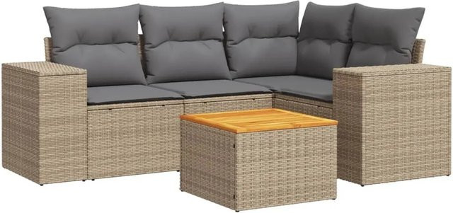vidaXL 5-teilige Garten-Sofagarnitur in L-Form aus Poly-Rattan mit Kissen in Beige-Grau - Bild 1