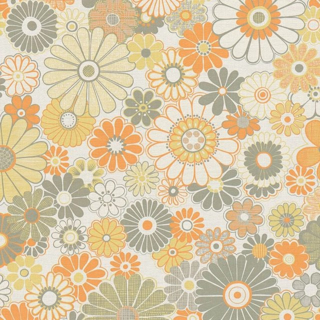 PROFHOME Retro Tapete Blumen in Grün, Orange, Oliv-Grau und Creme-Weiß, Vlies-Tapete mit floralem Design, Breite: 0,53 m, Länge: 8,50 m - Bild 1