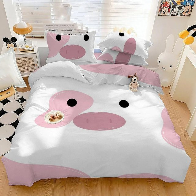 Flylo Kinder Bettwäsche Set mit Rosa Schwein Muster, Rosa und Weiß, B/H: 180 x 210 cm - Bild 1