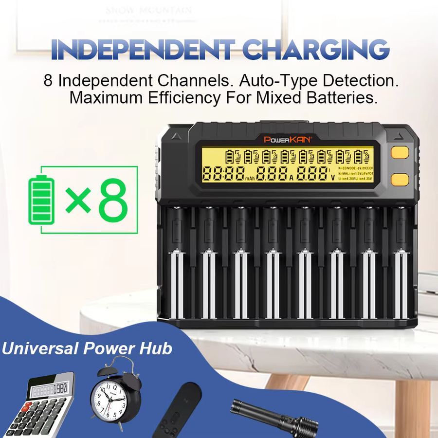 POWERKAN 8-Bay LCD Smart-Ladegerät für NiMH, LiFePO4 und Li-Ionen in Schwarz mit Kapazitätstest und 0V-Aktivierung - Bild 5