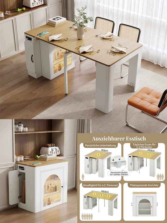Anajqaqia Kücheninsel in Weiß mit Rollen, ausziehbarer Esstisch mit abnehmbarer Tischplatte, Buffetschrank und integrierter Steckdosenleiste, modernes Sideboard aus Holz - Bild 4