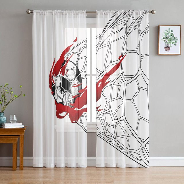 Super Six Fußball Tüll-Vorhang mit dynamischem Flammen-Design in Schwarz und Weiß, transparent, Breite: 135 cm, Höhe: 114 cm - Bild 1