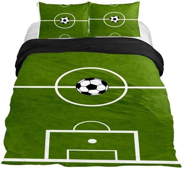 Wucifang Bags Bettwäsche-Set Fußball-Design mit grünem Fußballfeld, 3-teiliges Polyester-Bettwäsche-Set bestehend aus Bettbezug und Kissenbezügen, B/H: 200 x 230 cm - Bild 1