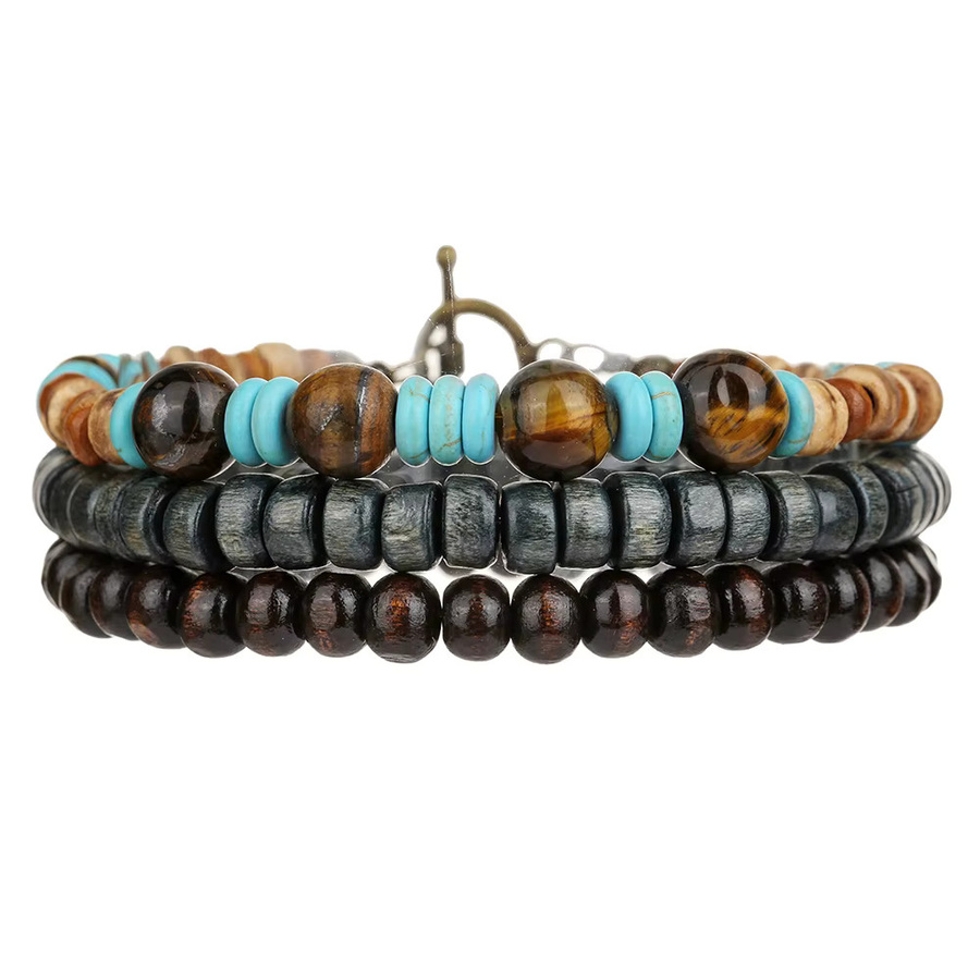 Armband Herren, Holz, mehrschichtig, 3er-Set, türkisfarben, Vintage - Bild 2