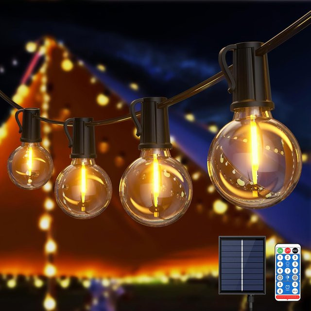 Aiopp Solar G40 LED-Lichterkette für den Außenbereich mit Fernbedienung, dimmbar, IP44 wasserdicht, warmweiß, transparent - Bild 1