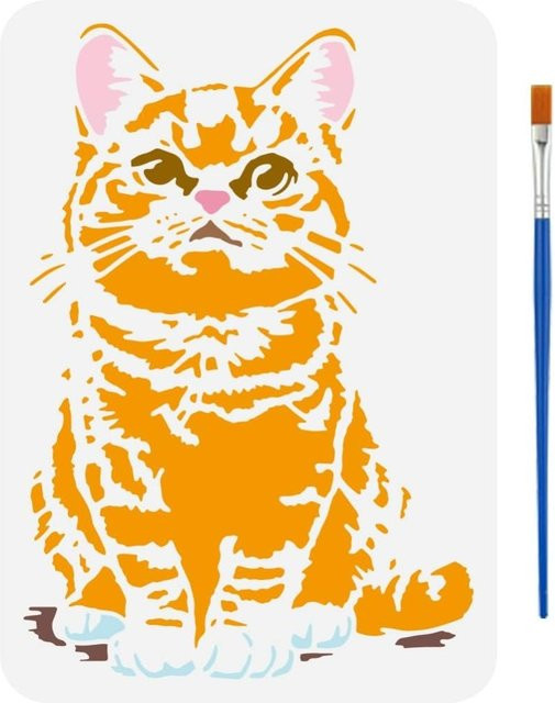Realistische Katzen-Malschablone aus Kunststoff mit Pinsel in Multicolour, B/H: 21,1 x 29,7 cm - Bild 1