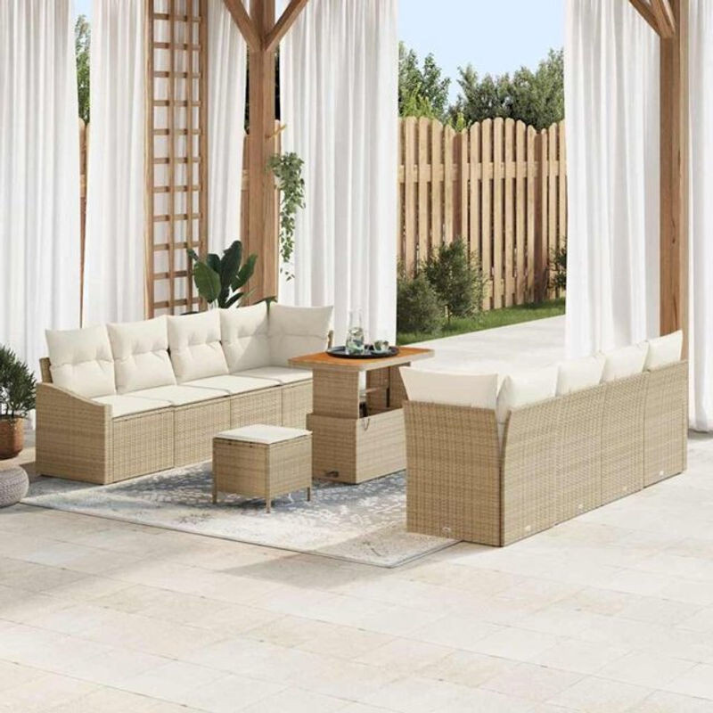 Vidaxl Polyrattan Garten-Sofa-Set mit 11-teiligen Kissen in Beige und Creme, modernes modulares Loungemöbel-Set aus Polyrattan und Akazie, B/T/H: 90 x 55 x 71 cm - Bild 1