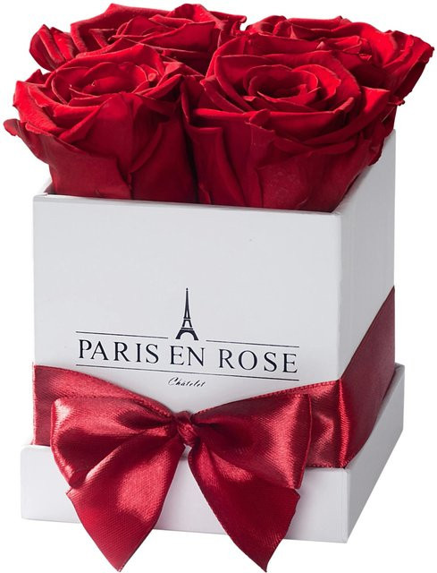 PARIS EN ROSE Rosenbox eckig in Weiß mit 4 Bordeaux Rosen und Schleife - Bild 1