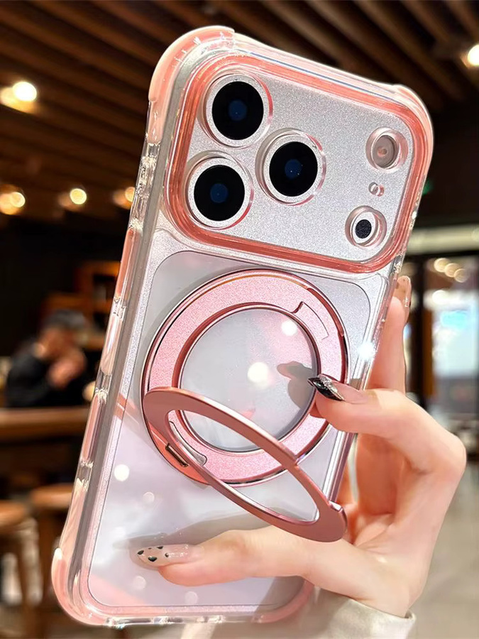 Xeber Handyhülle aus transparentem Acryl und Aluminiumlegierung mit magnetischem drehbarem Klapphalter für iPhone 13 14 15 16 17 Pro Max, Orange - Bild 2