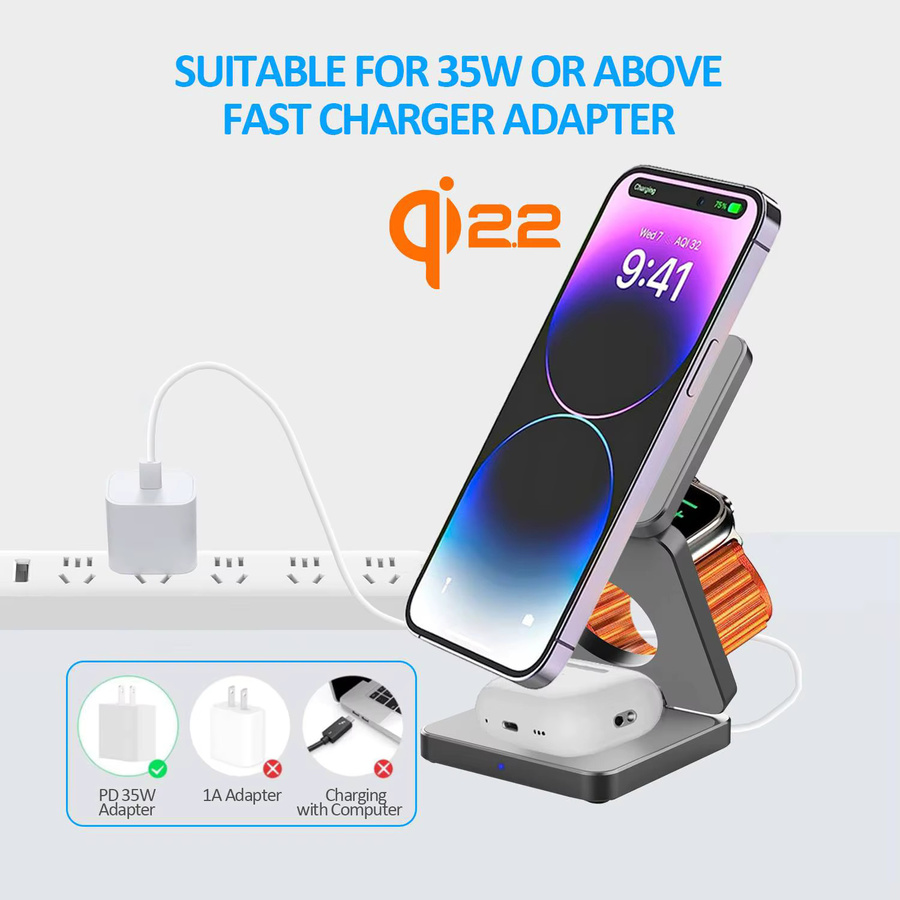 ILEPO 3-in-1 magnetische kabellose Ladestation für iPhone 12 bis 17 Serie, AirPods und iWatch, faltbares Reiseladegerät, grau - Bild 3