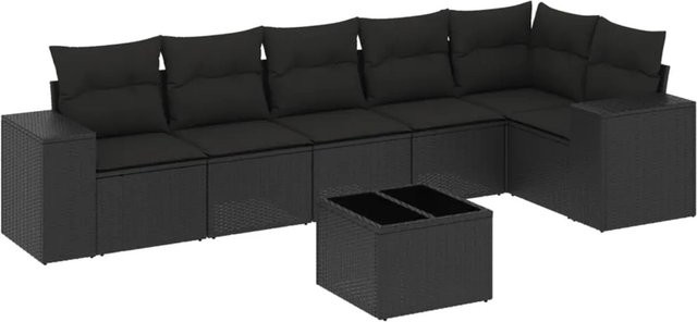 vidaXL 7-teilige Garten-Sofagarnitur in L-Form aus schwarzem Poly-Rattan mit wetterfesten Kissen und pulverbeschichtetem Stahlgestell - Bild 1