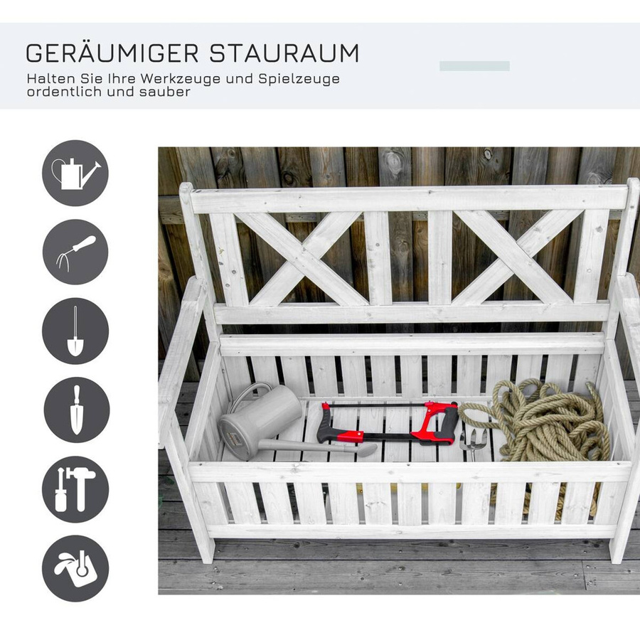 Outsunny Gartenbank aus Tannenholz mit Stauraum in Weiß, B/T/H: 115 x 61 x 85 cm - Bild 3