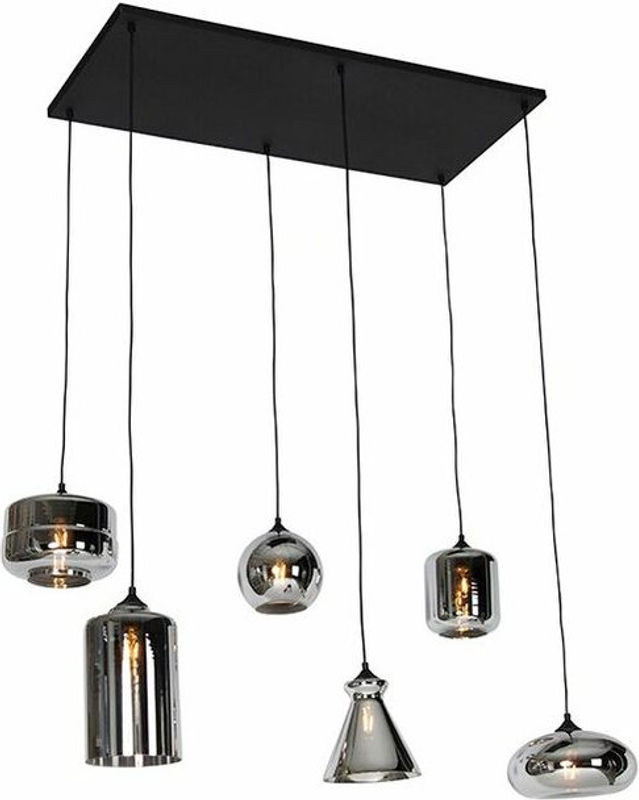 QAZQA Art-deco Pendelleuchte in Schwarz und Grau mit 6 Rauchglas-Elementen und E27 Fassung - Bild 1