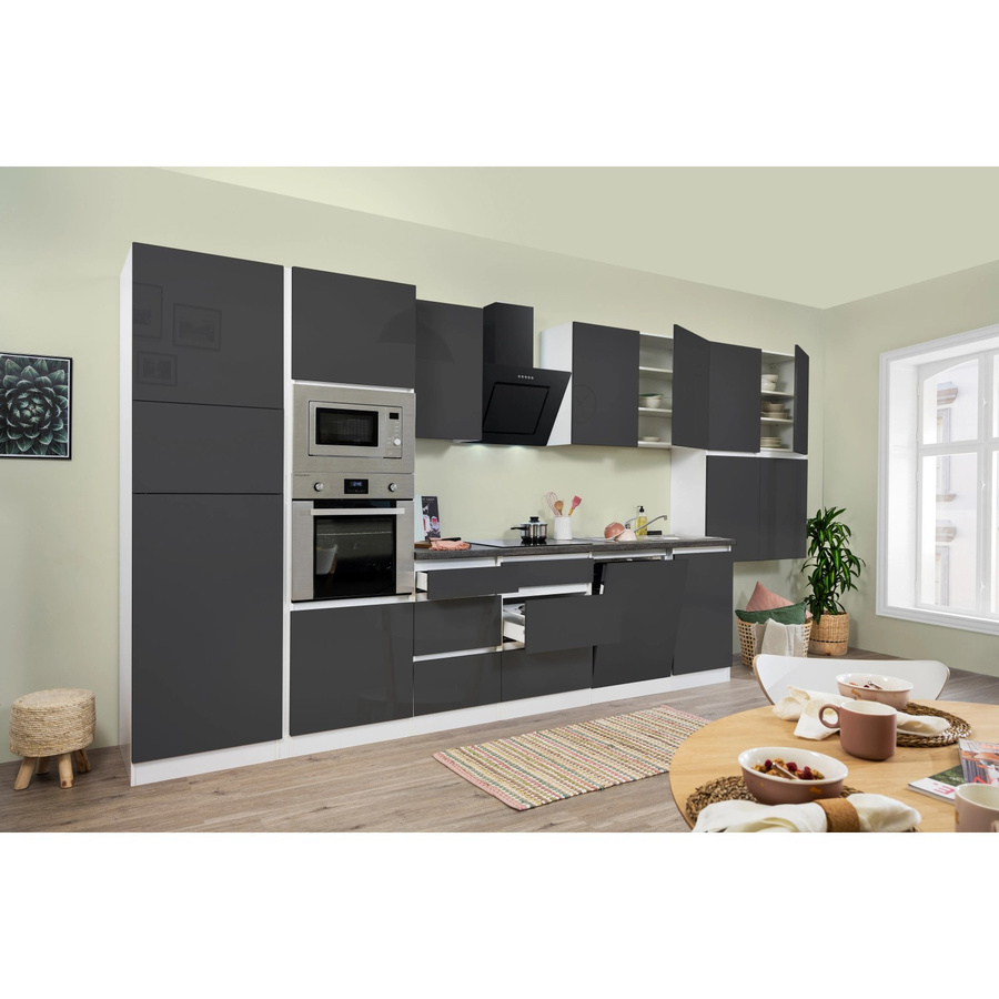 Respekta Premium Küchenzeile modern grifflos in Grau Hochglanz-Weiß mit Soft-Close-Türen und Einrichtungsdetails, B/T/H: 445 x 55,5 x 220,5 cm - Bild 2