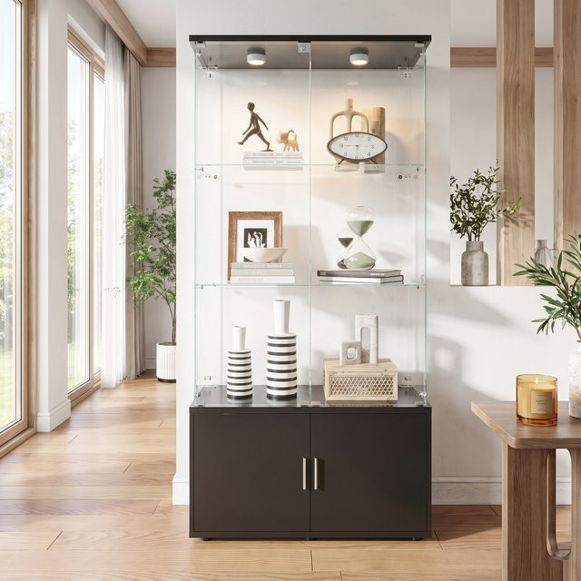 Simurq Glasvitrine in Schwarz mit LED-Beleuchtung, 4 Glastüren und abschließbarem Aufbewahrungsschrank, B/T/H: 35 x 78,51 x 164 cm - Bild 1