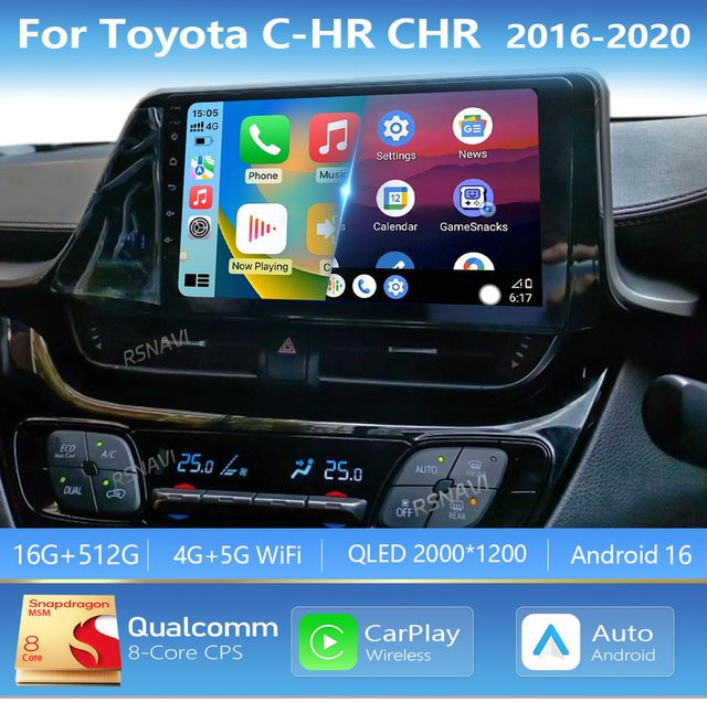 YUERADIAO Android 16 Multimedia-Autoradio mit Carplay für Toyota C-HR 2016-2020 Rechtslenker, 2din Head Unit, Schwarz - Bild 1