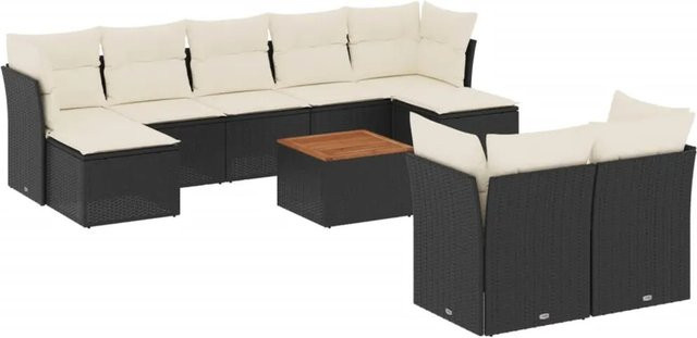 vidaXL 10-tlg. Garten-Sofagarnitur in L-Form aus Poly-Rattan mit Kissen und Couchtisch in Schwarz - Bild 1