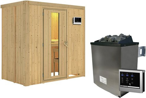 Karibu Sauna Pärnu aus Fichtenholz mit 9 kW Saunaofen und externer Steuerung für 2 Personen, Farbe: beige - Bild 1