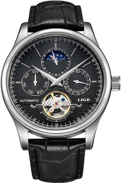 LIGE Armbanduhr Automatik, Edelstahl, Silber, Schwarz, Leder, 43 mm, Herren - Bild 1