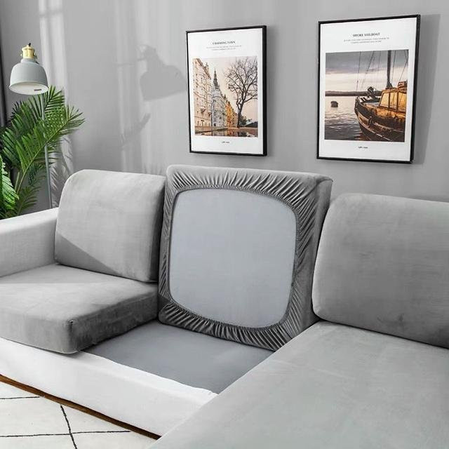 BRHUIXUE Samt-Stretch-Sofaüberzug für Ecksofas, elastische Möbelschutzhülle in Grau - Bild 1