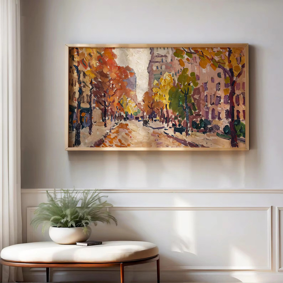 Dekorative Wandkunst Herbst-Stadtbild als TV-Bildschirmschoner in Mehrfarbig mit Holzrahmen - Bild 2