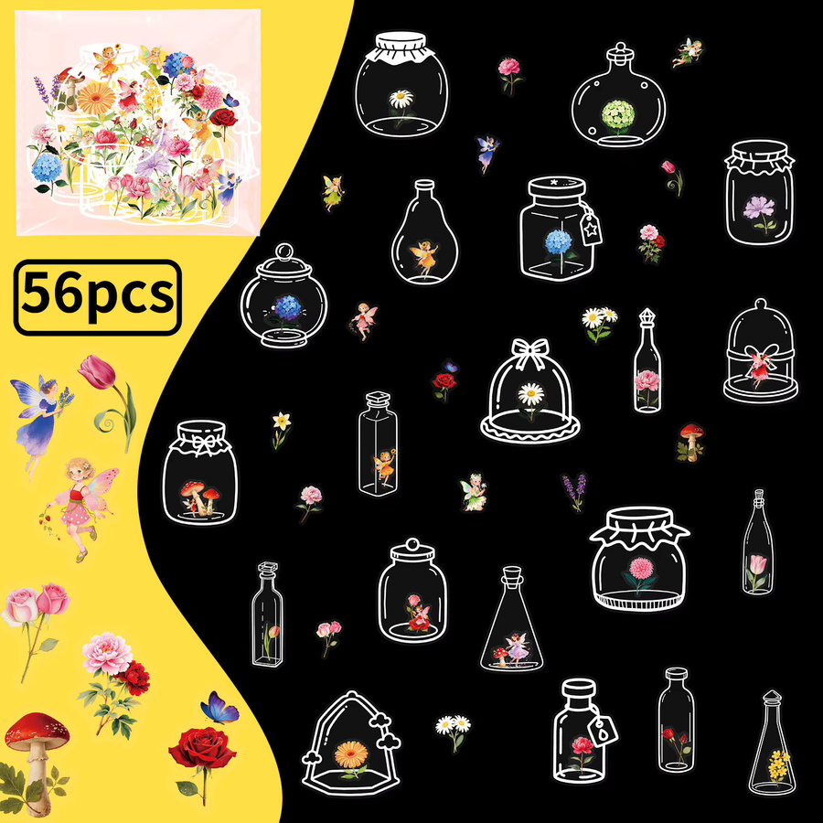 56 bis 112 Stück Transparente PET Aufkleber mit Blumen- und Flaschenmotiven für kreative Schreibwaren und Dekorationen in Multicolour - Bild 3