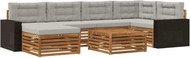 vidaXL Outdoor-Sofagarnitur L-Form aus Akazienholz mit 7 Kissen in Natur und Hellgrau - Bild 1