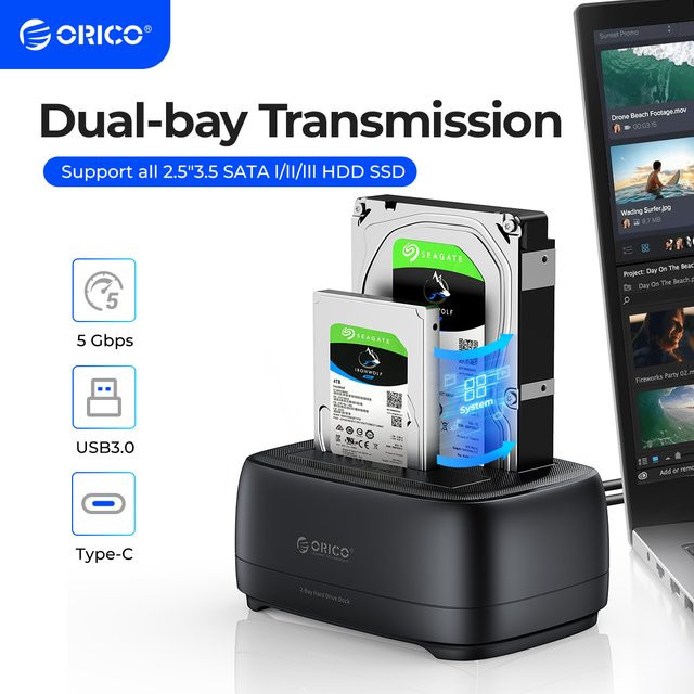 ORICO Dual-Bay Festplatten-Dockingstation USB 3.0 Typ C für 2,5 und 3,5 Zoll HDD/SSD, Schwarz, unterstützt UASP und werkzeuglose Bedienung - Bild 1