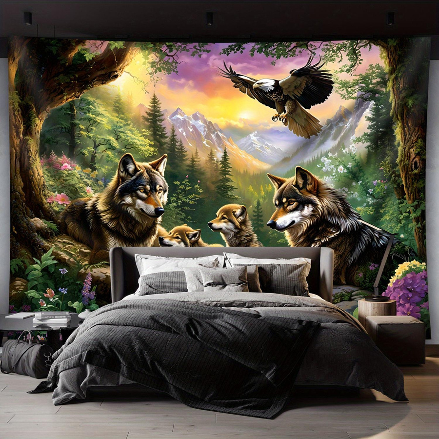 Wandteppich mit Wolfsfamilie und Adler im Bergwald bei Sonnenuntergang von JMG Household Supplies, Mehrfarbig, Breite: 100 cm, Höhe: 70 cm - Bild 2