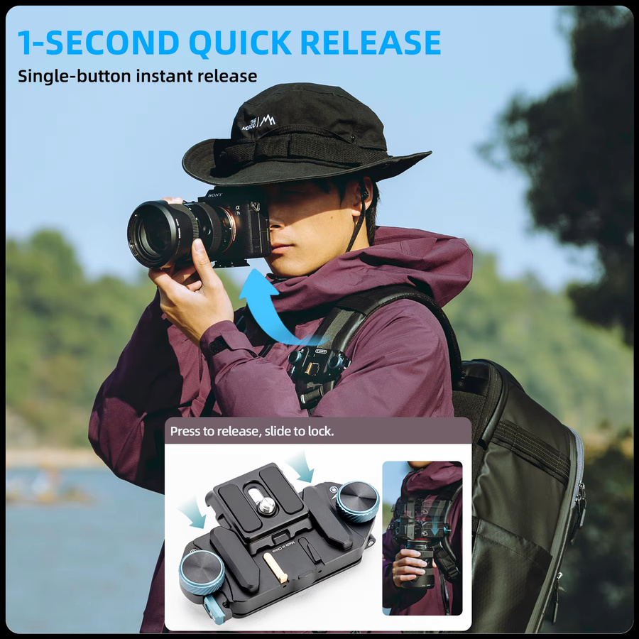 Fotopro RZ-5 Schnellverschluss-Kamerahalterung in Schwarz mit 1/4 Schraubenadapter für DSLR und spiegellose Kameras als Rucksackgurthalterung - Bild 2