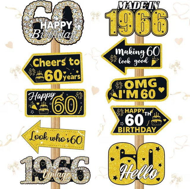 AFYPRTY 10-teiliges 60. Geburtstag Dekorations-Set in Schwarz-Gold im Vintage-Stil aus Papier mit Foto-Requisiten - Bild 1