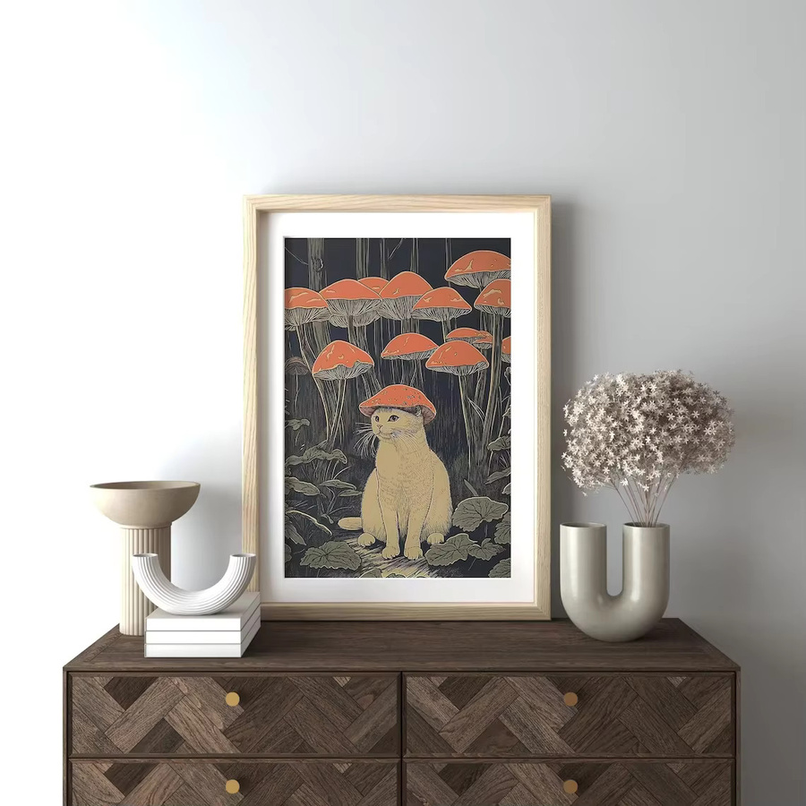 Retro Katzenkunst Poster mit Katze und Pilzhut von SHENCHEN in Mehrfarbig - Bild 3