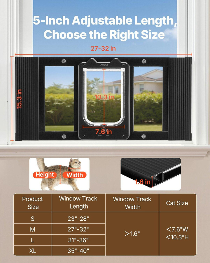 Buying Solutions MB Katzenfensterklappe mit Aluminiumrahmen und Glas in Schwarz, verstellbar für Fensterbreiten 686-813 mm, mit Magnetverschluss und 4 Verriegelungsmodi - Bild 4