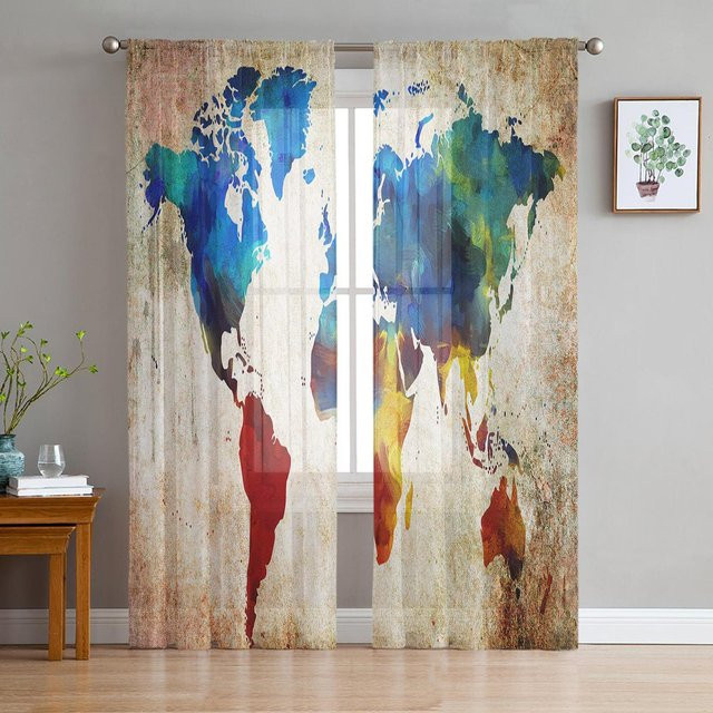 A Family Of Home Textiles Transparent Chiffon Tüll Vorhang mit buntem Kartenmotiv auf Vintage-Hintergrund, Farbe: Weiß/Mehrfarbig, Breite: 135 cm, Höhe: 114 cm - Bild 1