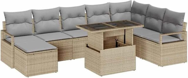 vidaXL Garten-Sofa-Set 9-teilig mit Kissen in Beige und Hellgrau aus Poly-Rattan und pulverbeschichtetem Stahl - Bild 1