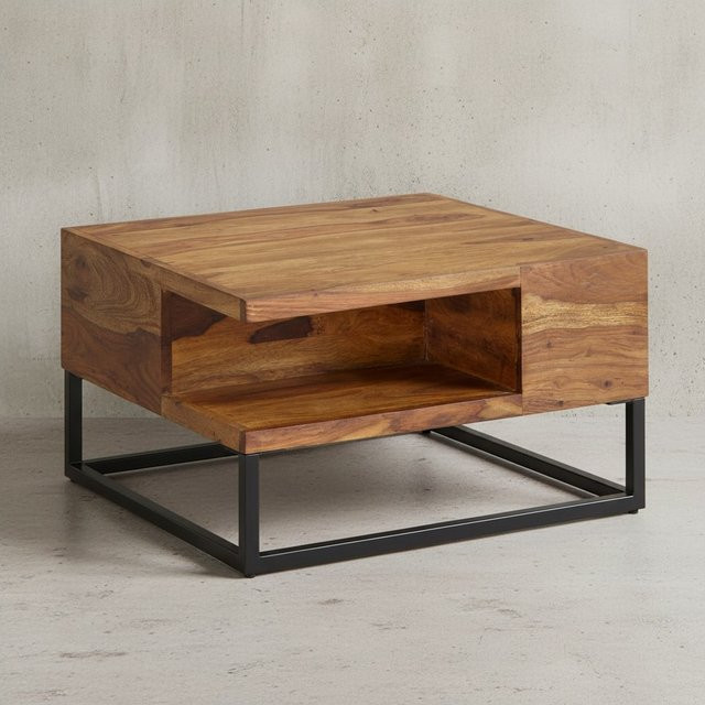 KADIMA DESIGN Sofatisch aus Sheeshamholz im Industrial-Design mit Staufach, braun, B/T/H: 60 x 60 x 34,5 cm - Bild 1