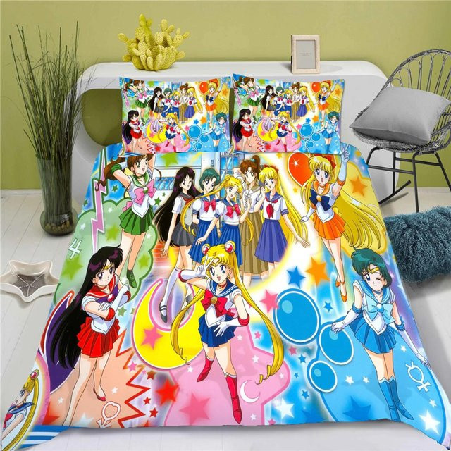 3D Sailor Moon Anime Bettwäscheset aus Polyester, 3-teiliges Set mit Bettbezug und Kissenbezügen, Mehrfarbig, B/H: 200 x 200 cm - Bild 1