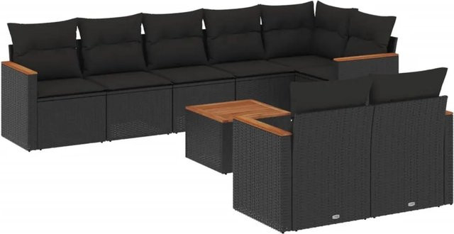 vidaXL 9-tlg Garten-Sofagarnitur aus Poly-Rattan und Akazienholz in Schwarz mit Kissen Modell 145 - Bild 1