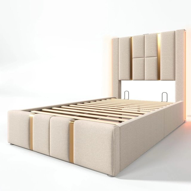 okwish Polsterbett mit Stauraum und Matratze in Beige, B/T/H: 90 x 200 x 48,55 cm, mit USB Type-C Ladefunktion, LED-Beleuchtung und App-Steuerung - Bild 1