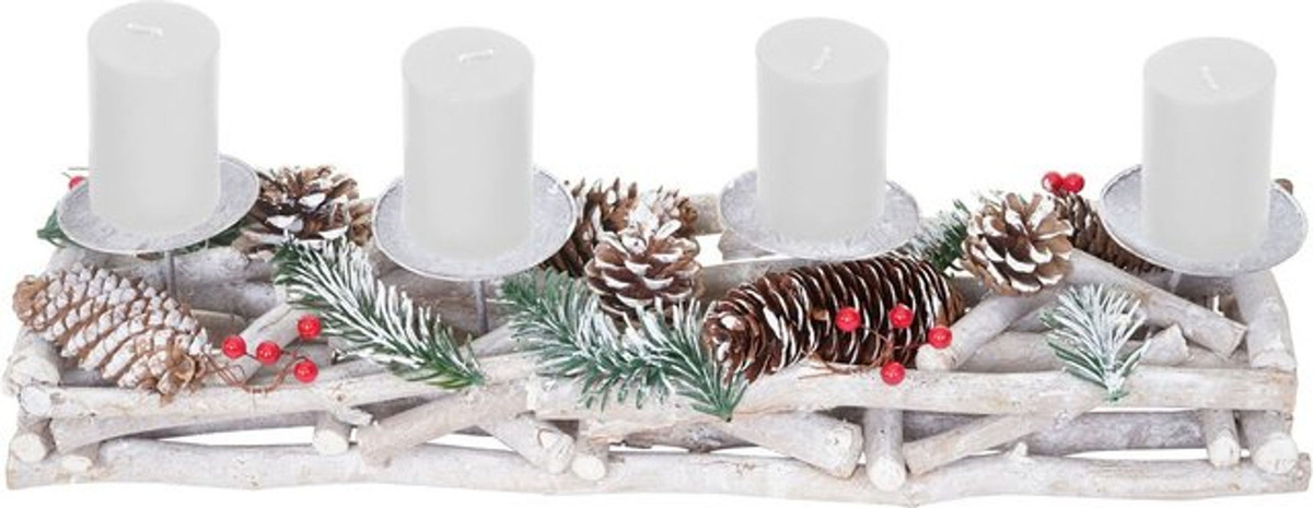 MCW Adventsgesteck aus Holz in Weiß-Grau mit Stumpenkerzen, skandinavische Weihnachtsdeko, B/T/H: 11 x 5 x 50 cm - Bild 1