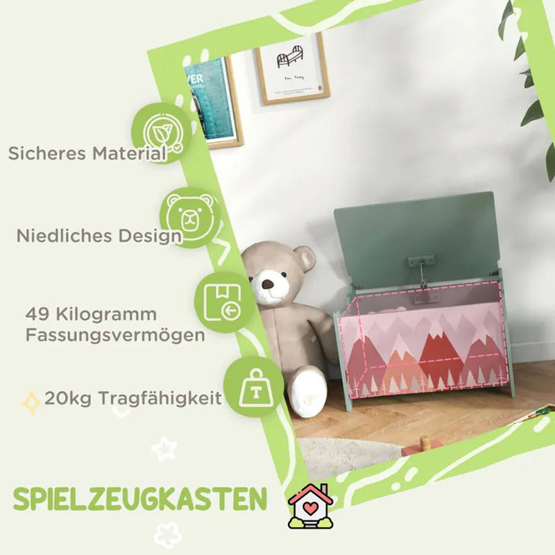 ZONEKIZ Spielzeugkiste mit Deckel und Sicherheitsscharnier in Grün mit niedlichem Tierdesign für Kinderzimmer und Schlafzimmer - Bild 3