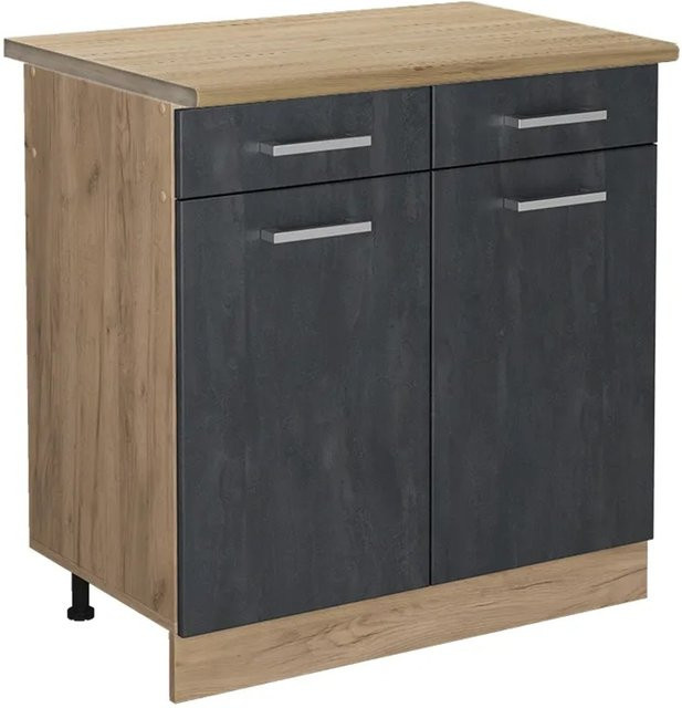 Vicco Küchenunterschrank R-Line Schubladenschrank in Schwarz Beton und Eiche mit Goldkraft Eiche Korpus, Breite: 80 cm - Bild 1