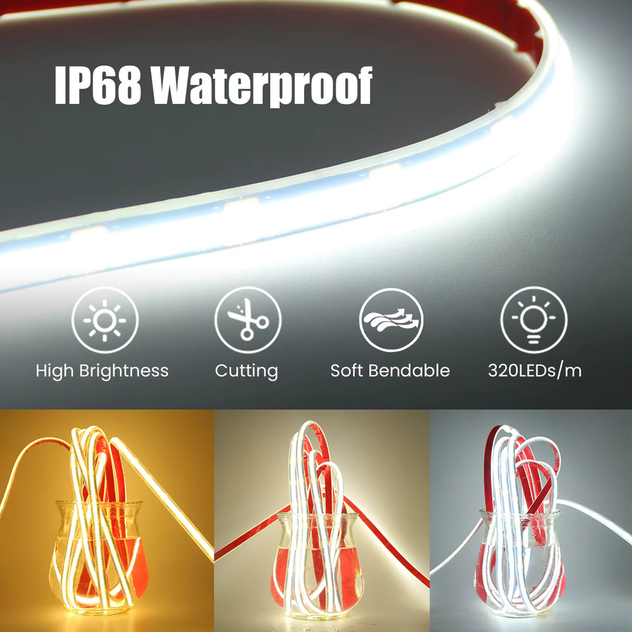 HEGEHE COB LED Streifenlicht IP68 wasserdicht mit schwarzem PCB für Außenbereich und Pool, 24 V, CCT Farbtemperatur anpassbar - Bild 2