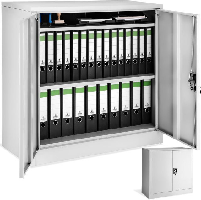 tectake Aktenschrank aus pulverbeschichtetem Stahl in Grau mit 2 höhenverstellbaren Einlegeböden und Schloss, B/T/H: 90 x 40 x 90 cm - Bild 1
